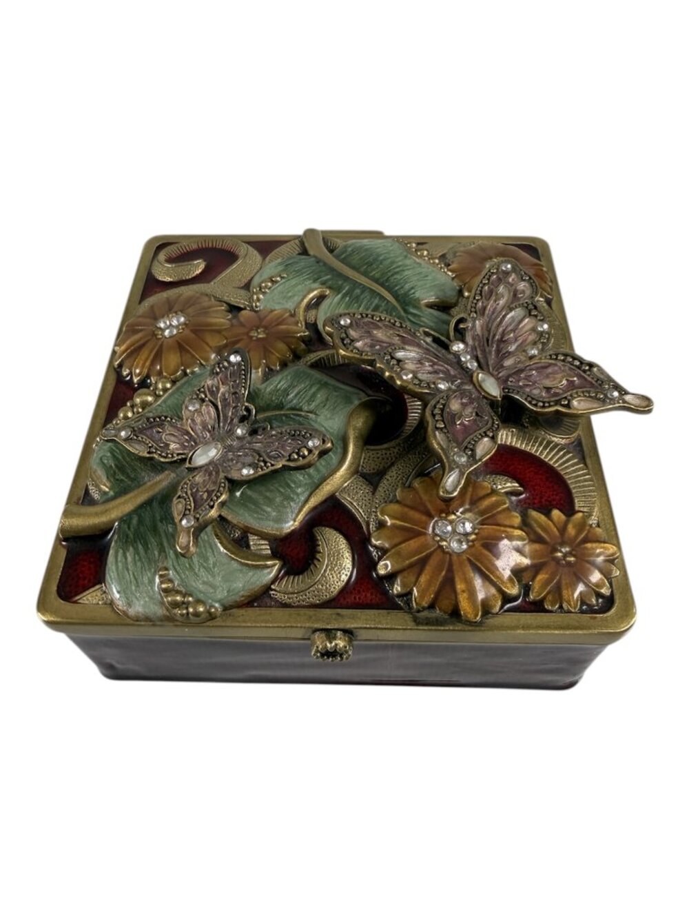 Vintage Enamel Bejeweled Butterfly Trinket Box Metal Jewelry Storage